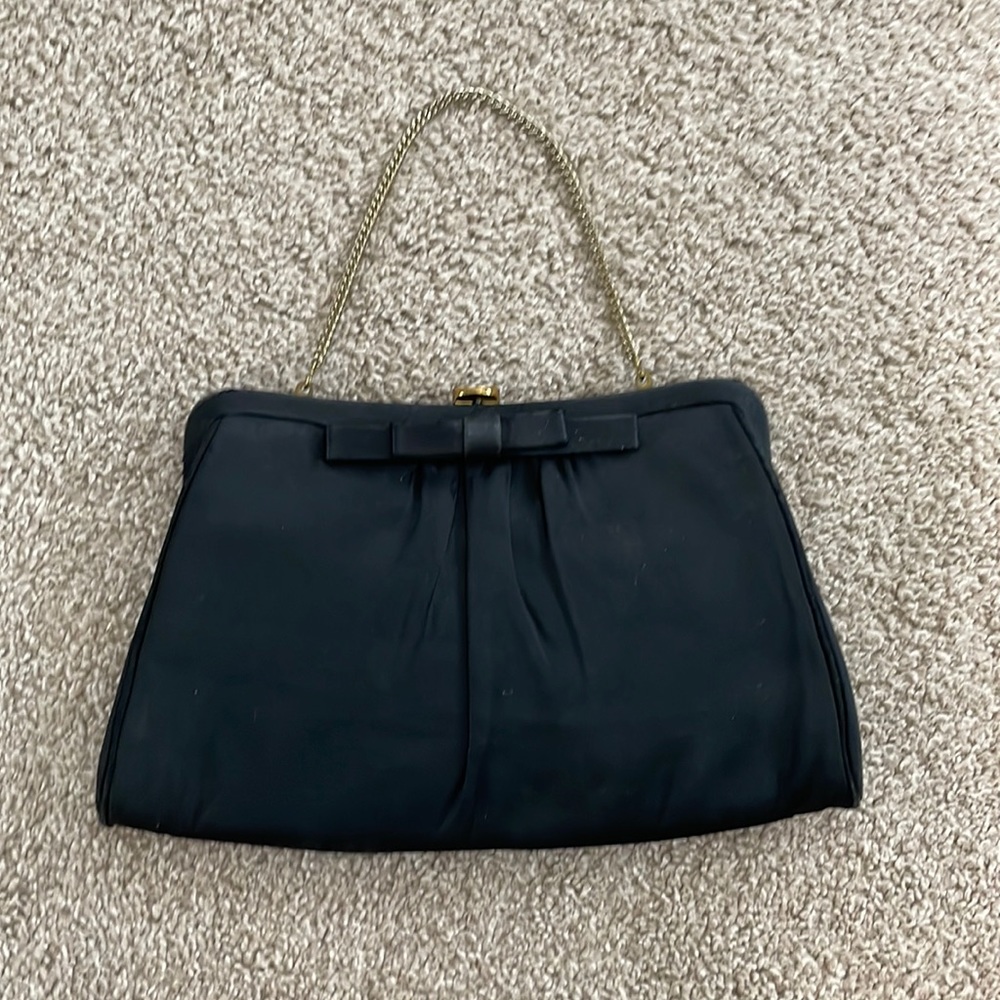 Vintage Black Satin Clutch, Evening Bag, Gold Metal, 50’s 60’s